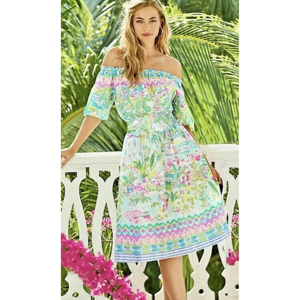 Lilly Pulitzer Camille Island Hopping Engineered Off The Shoulder Midi Dress L